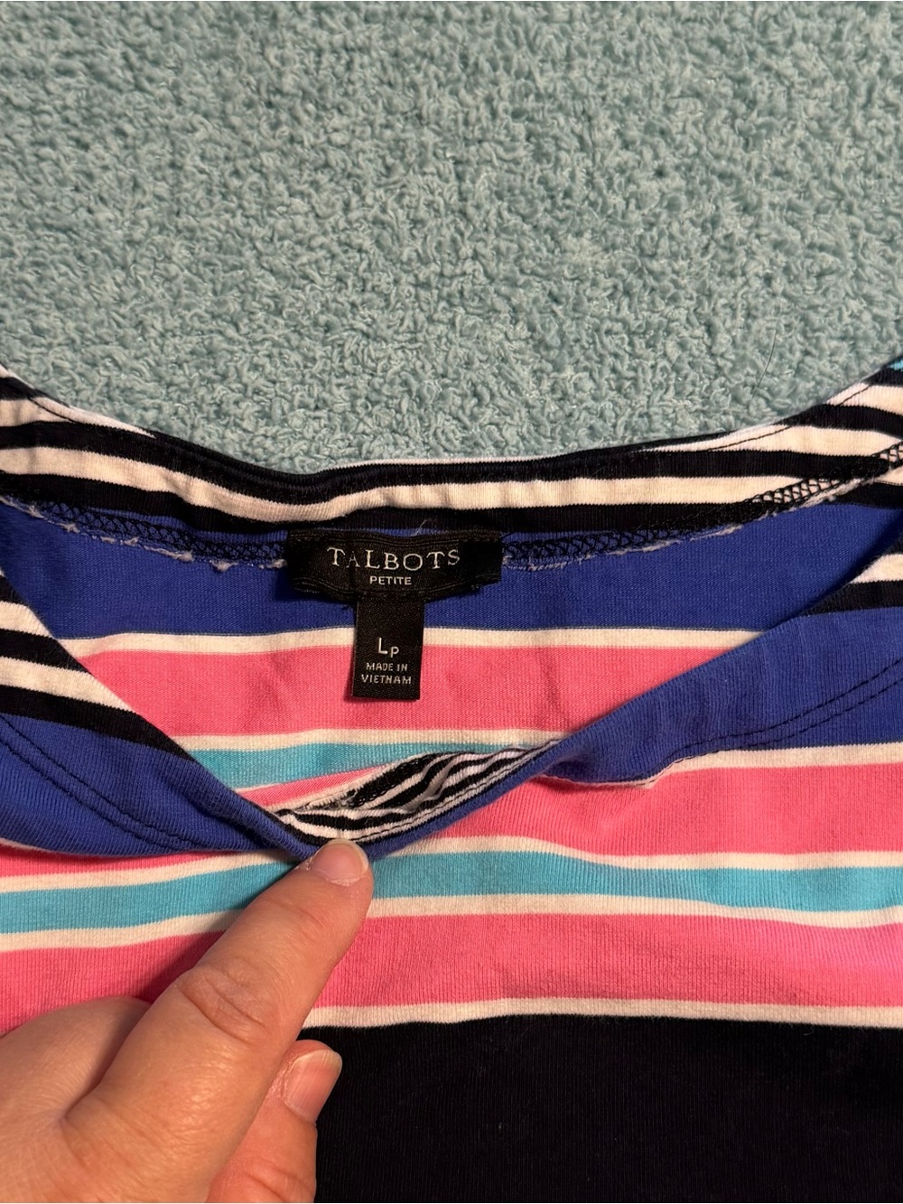 Talbots Striped Soft Casual Tee Dress Gold Button Shoulder Large Petite Pink - Picture 4 of 5
